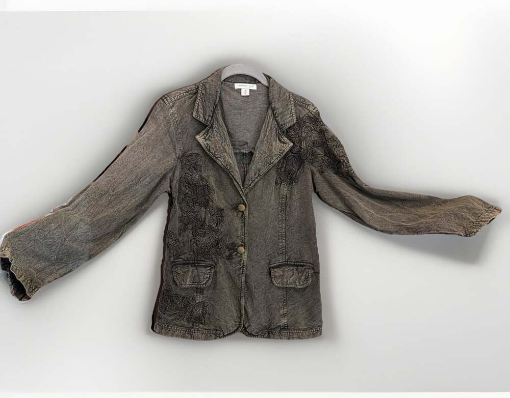 Y2K Whimsigoth ForestFairy Black Embroidery Floral Vines Black Green Blazer 10